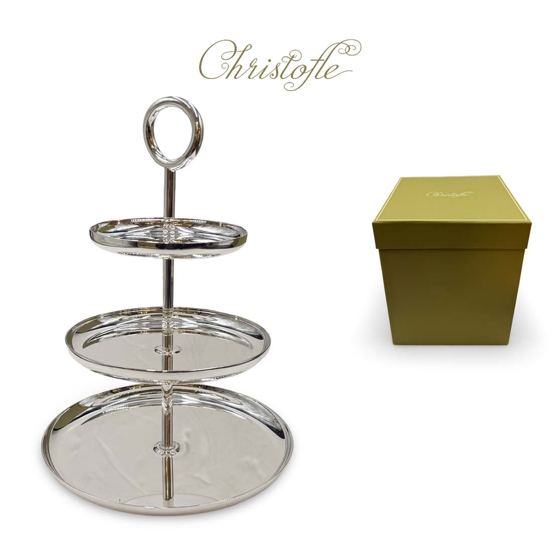 A Christofle Vertigo Silver-Plated 3-Tier Pastry Stand, Boxed: A Christofle Vertigo Silver-Plated 3-Tier Pastry Stand, Boxed. H 10.6" x L 7"