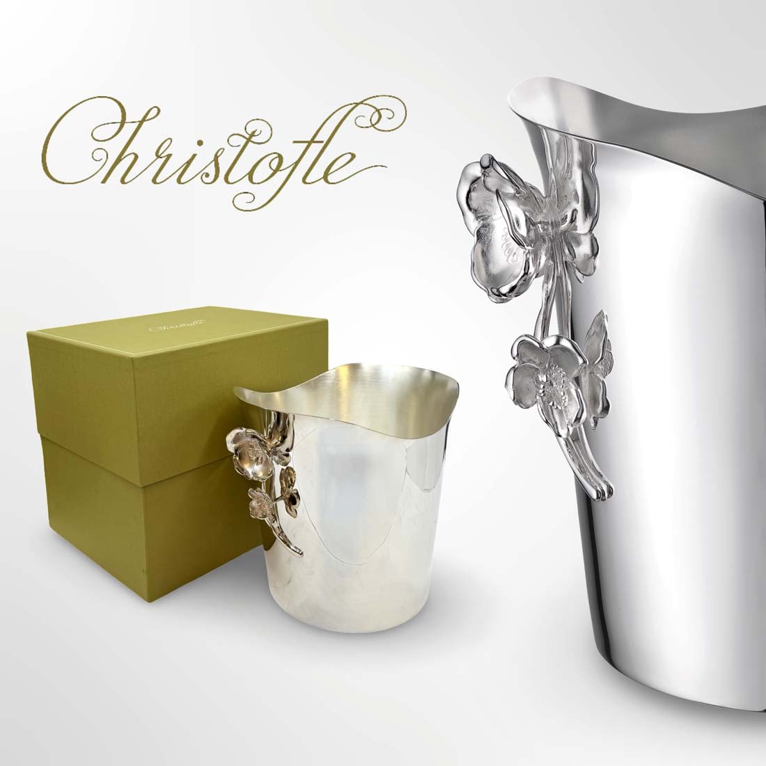 A Christofle Anemone Silver-Plated Champagne Bucket, Boxed: A Christofle Anemone Silver-Plated Champagne Bucket, Boxed. H 9.25" x L 11"