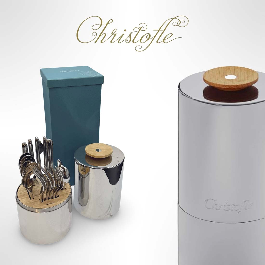 A Christofle Essential 24-Piece Stainless Steel Flatware Set W/ Storage Capsule, Boxed: A Christofle Essential 24-Piece Stainless Steel Flatware Set with Storage Capsule, Boxed. H 11.5" x W 5.5"