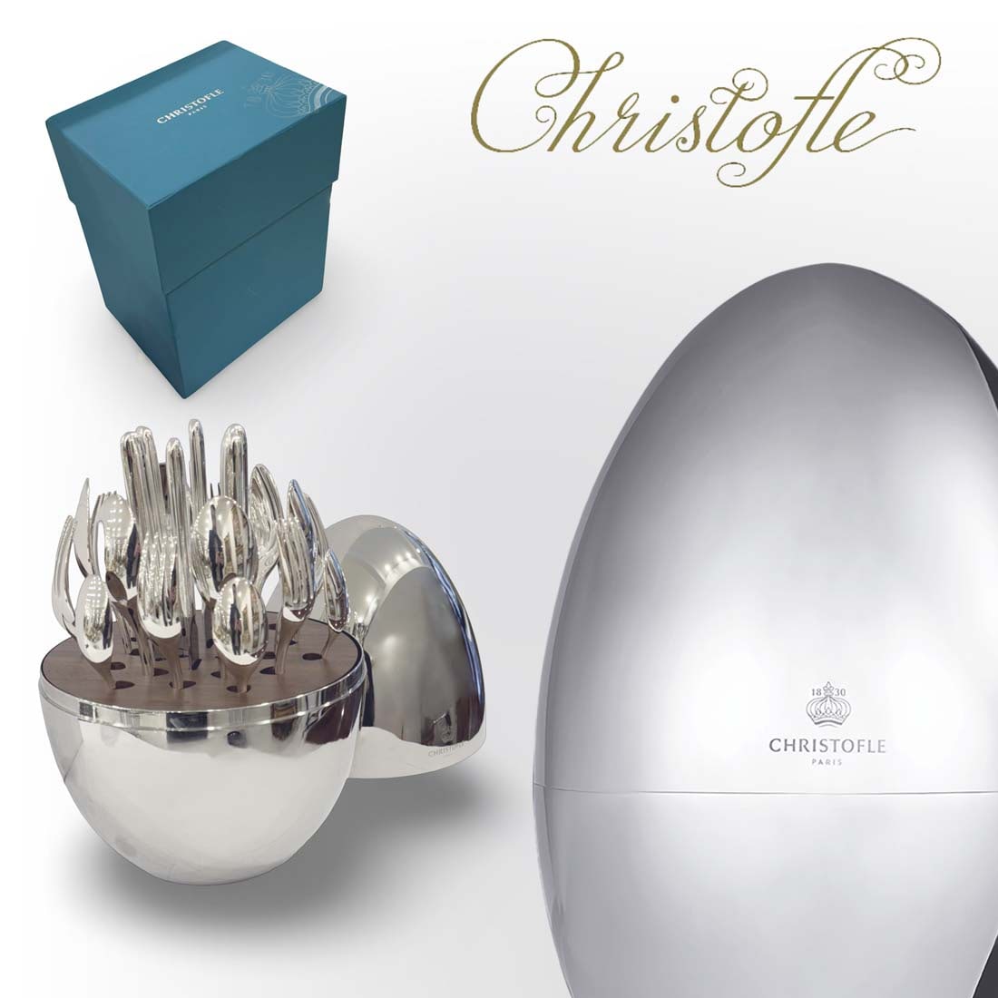 A Christofle MOOD Silver-Plated 24 Piece Flatware Set, Boxed: A Christofle MOOD Silver-Plated 24 Piece Flatware Set, Boxed. H 12" x L 8"