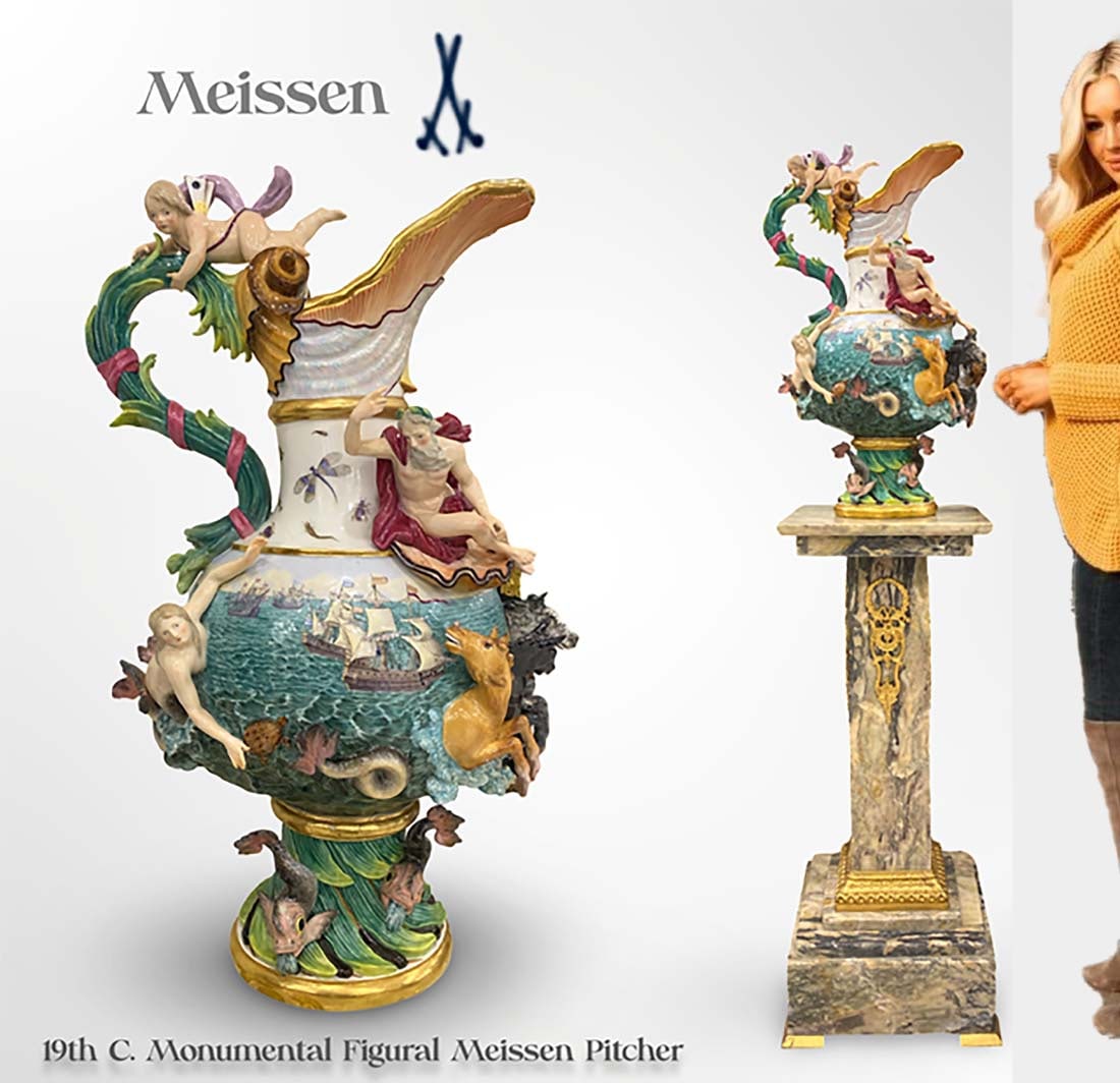 A Monumental 19th C. German Meissen Hand Painted Group Figurine Pitcher, Hallmarked: A Monumental 19th Century German Meissen Hand Painted Porcelain Group Figurine Pitcher. Note: the pedestal is NOT included! Measurements: H 22.5" x L 14" x W 9.5"