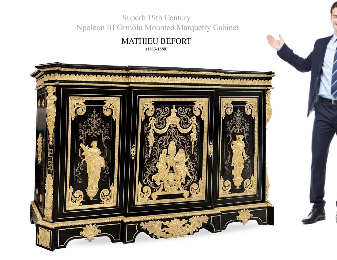 19th C. NAPOLEON III STYLE BRONZE & BRASS TORTOISESHELL BOULLE & EBONY SIDE-CABINET: 19th C. NAPOLEON III ORMOLU-MOUNTED CUT BRASS-INLAID TORTOISESHELL BOULLE & EBONY SIDE-CABINET OF LOUIS XIV STYLE, BY MATHIEU BEFORT, DIT BEFORT JEUNE, PARIS, MID-19TH CENTURY. stamped: "BEFORT JEUNE"