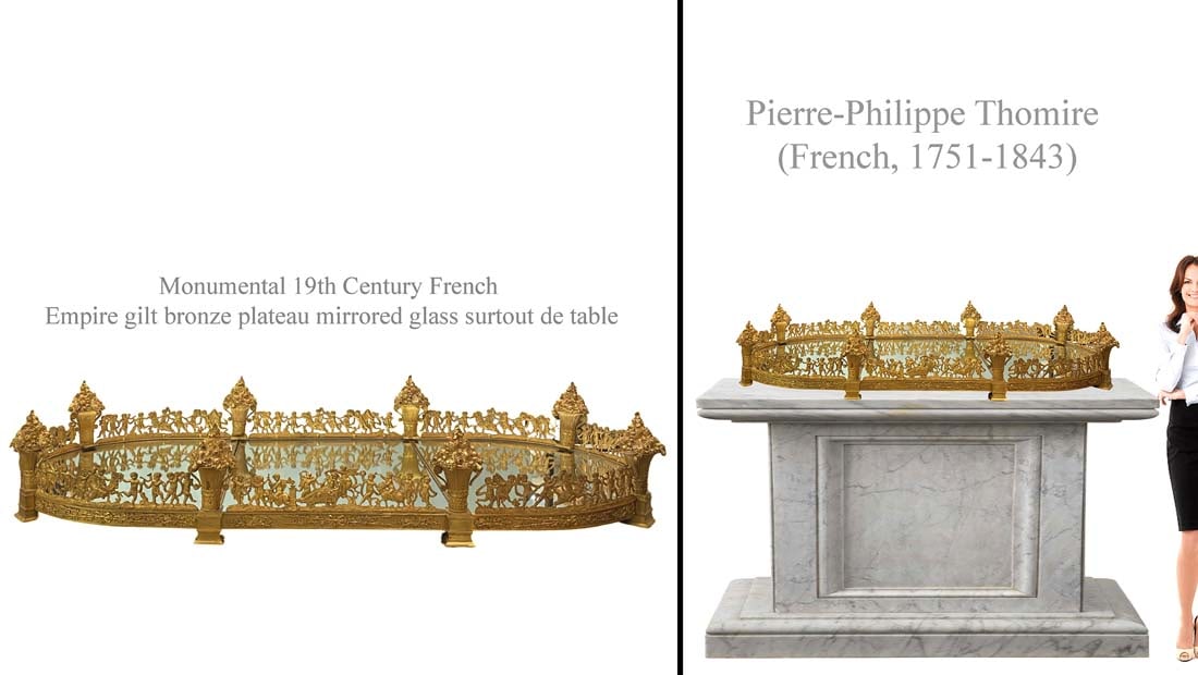 A Monumental 19th C. French Empire Gilt Bronze Mirrored Glass Surtout de Table Plateau: A Monumental 19th C. French Empire Gilt Bronze Mirrored Glass Surtout de Table Plateau. Note: the base (table) is NOT included! 60" x 32" X H 9.25"