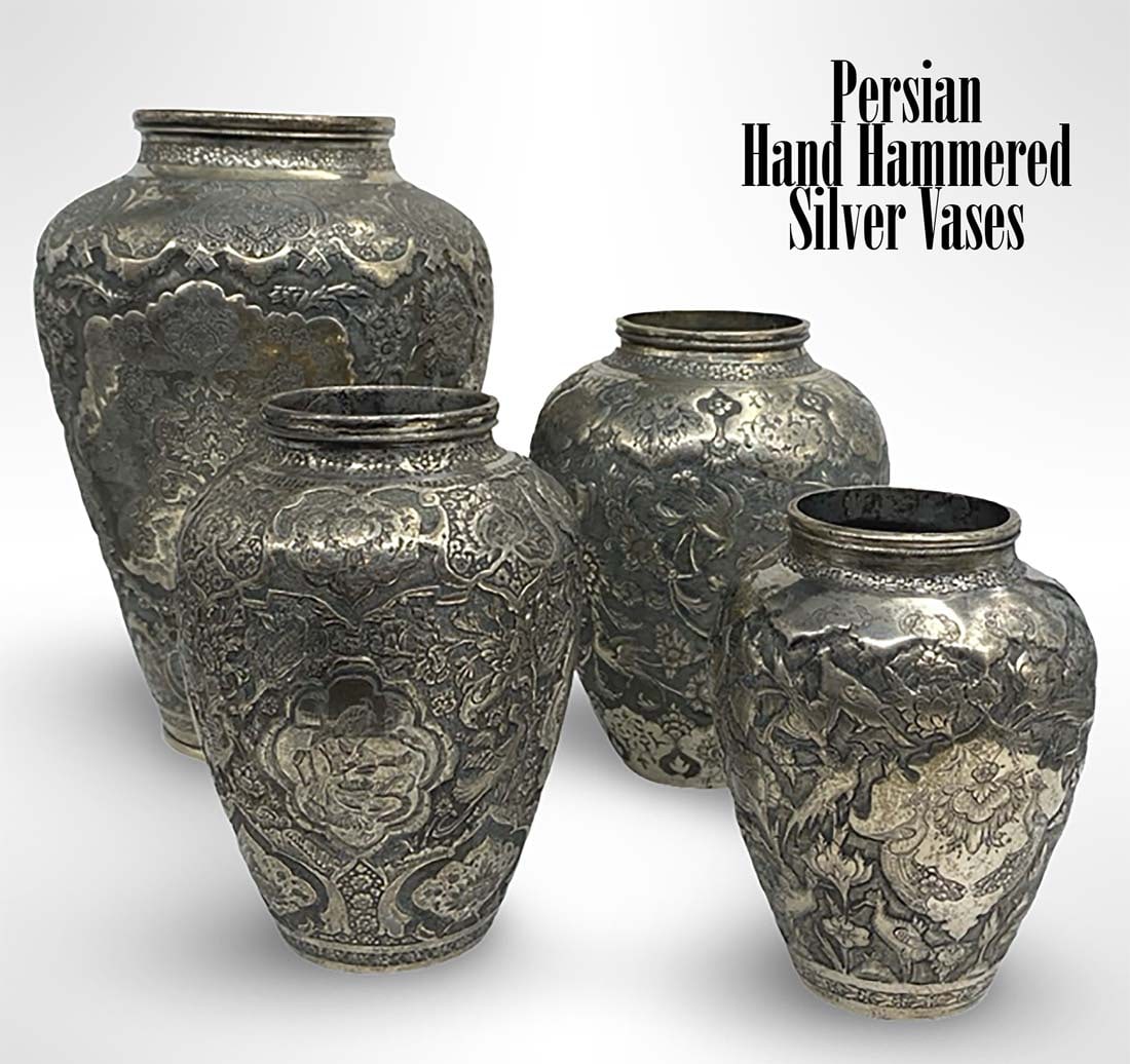 A Lot of 4 Persian Isfahan Hand Hammered-Engraved Silver Vases, Hallmarked: A Lot of 4 Iran Persian Hand Engraved and Hand Hammered Silver Vases Signed by Isfahan Silversmith. Measurements: Largest Vase H 8.4" x D 5.8", Smallest Vase H 4.75" x D 3.5", Total weight: 1756 grams