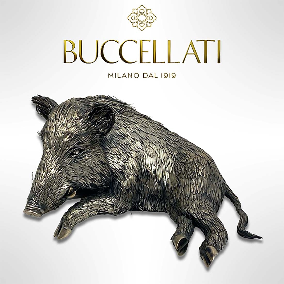 A Buccellati Furry Wild Boar Sterling Silver Sculpture, Signed: An Italian Buccellati Furry Wild Boar Sterling Silver Statue, Hallmarked. H 4.75" x L 8.25" x W 5"