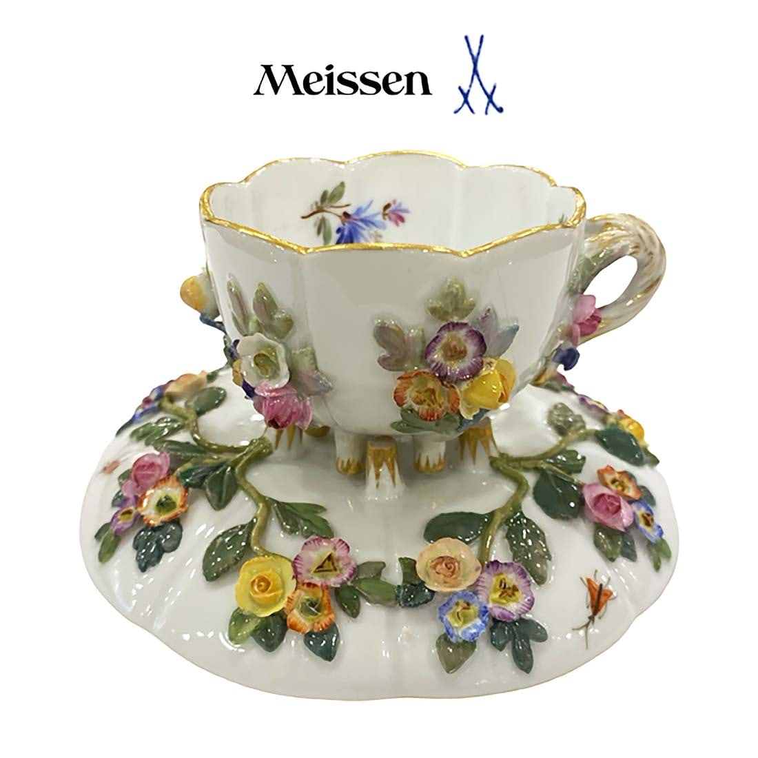 19th C. German Meissen Hand Painted Porcelain Cup & Saucer, Hallmarked: 19th C. German Meissen Hand Painted Porcelain Cup & Saucer. Hallmarked. Saucer: W 4, Cup: H 2" x D 3"