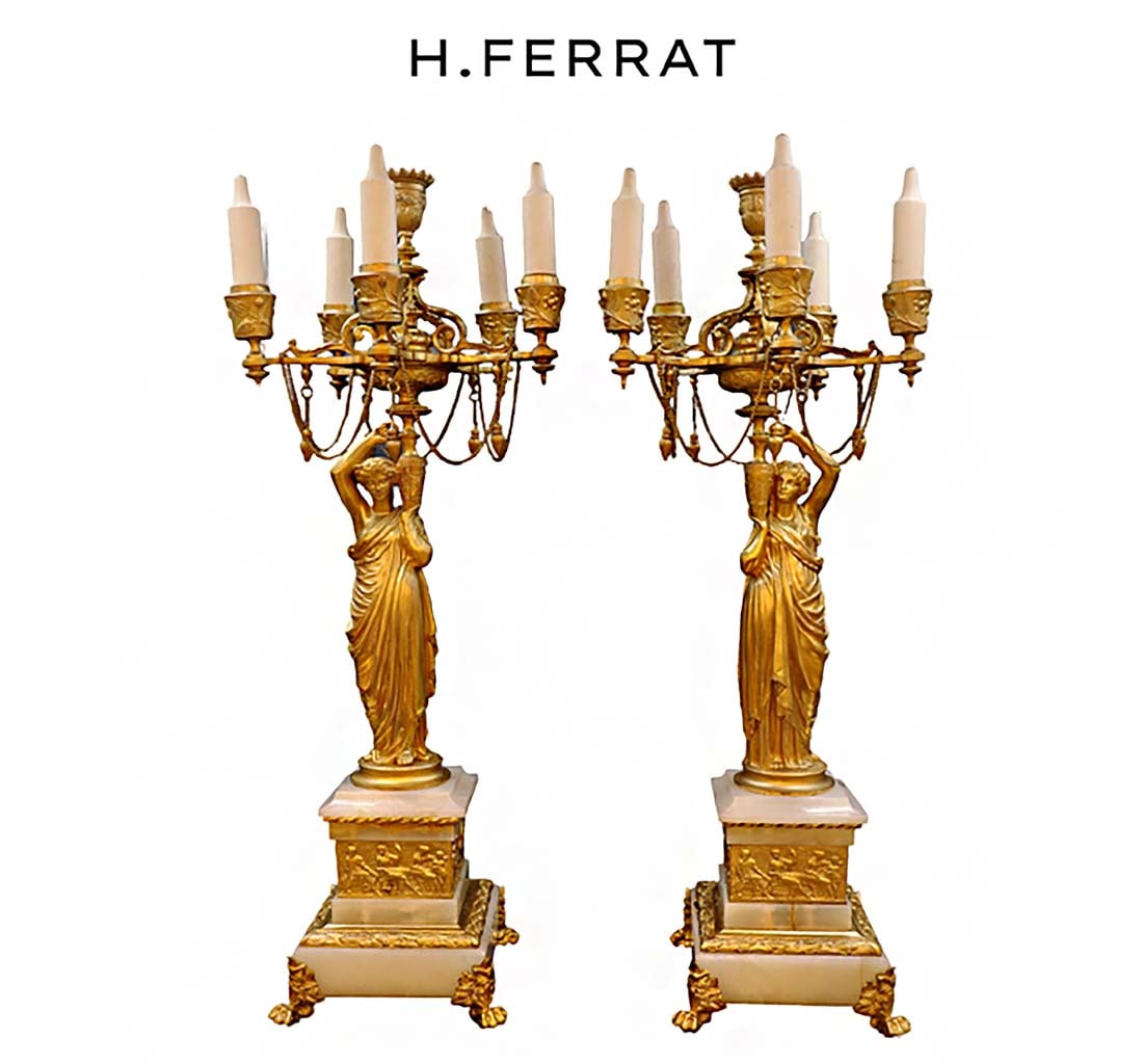 A Pair of 19th C. Empire Style Figural Bronze & Onyx Candelabras, H. FERRAT Signed: A Pair of 19th C. French Empire Style Figural Bronze on Onyx Candelabras, Signed by H. FERRAT. H 24" x W 6.5" x L 6.5"