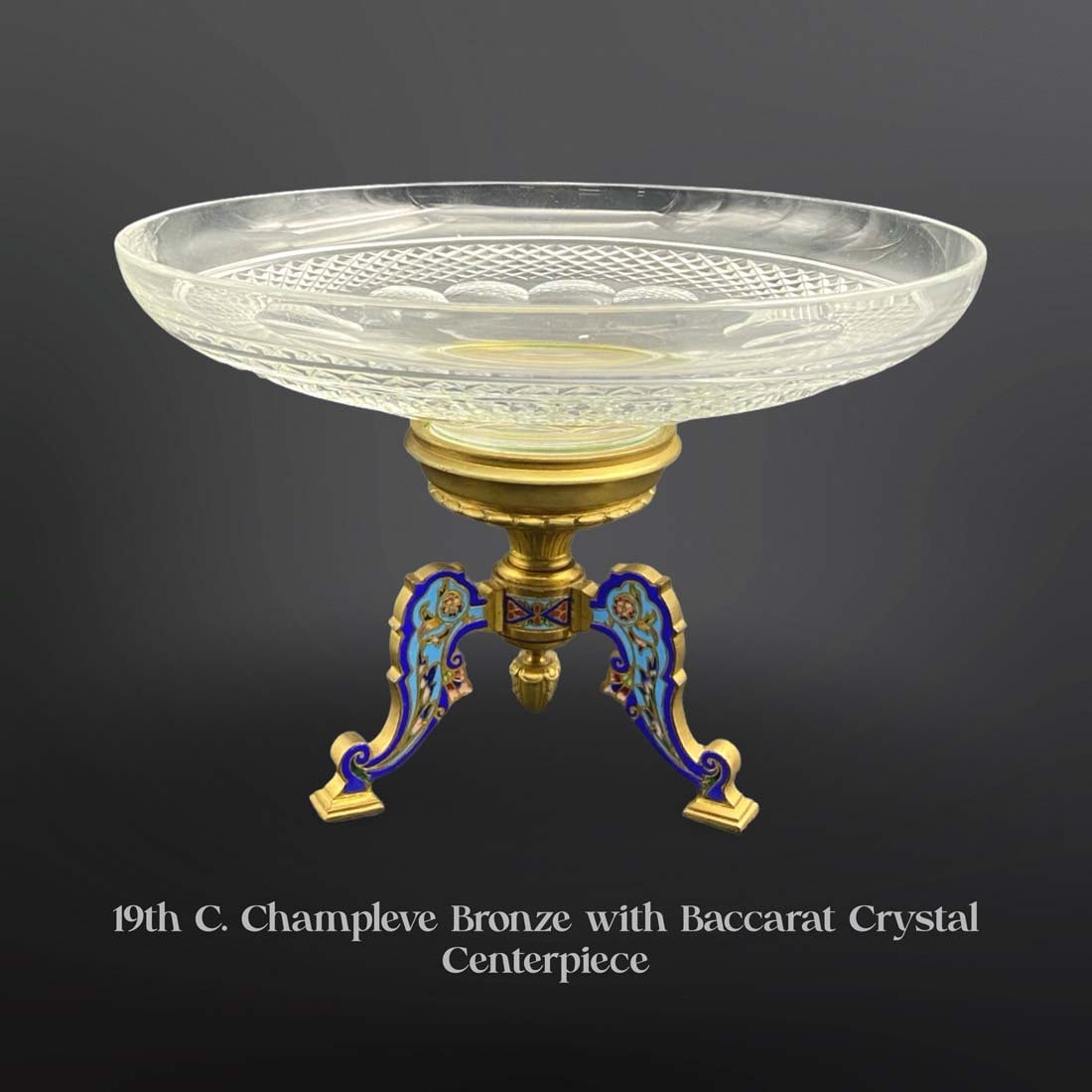 19th C. Baccarat Crystal & Champleve Enamel Bronze Centerpiece: 19th C. French Baccarat Crystal & Champleve Enamel Bronze Stand Candy Dish/Centerpiece. H 7" x D 19.4"