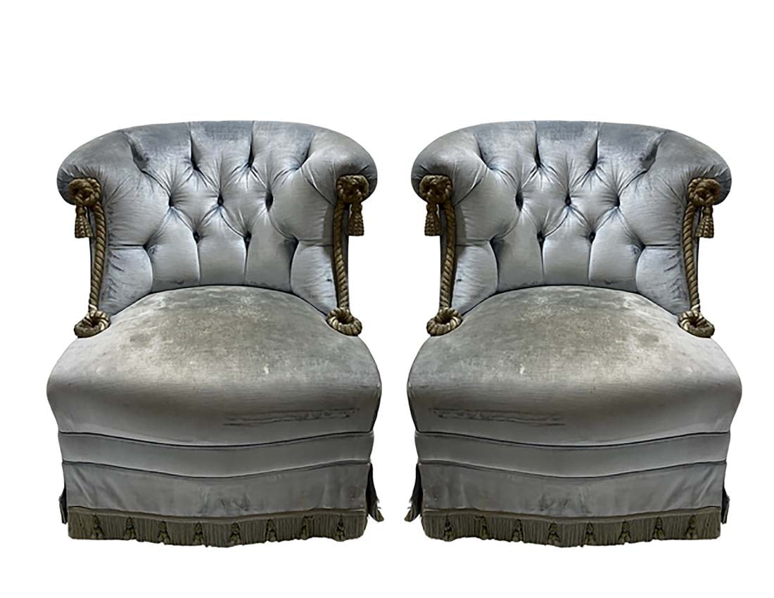 19th C. Napoleon III Pair of Tufted Rounded Back Armchairs: 19th C. Napoleon III Pair of Tufted Rounded Back Armchairs. H 35" x L 28" x W 34"