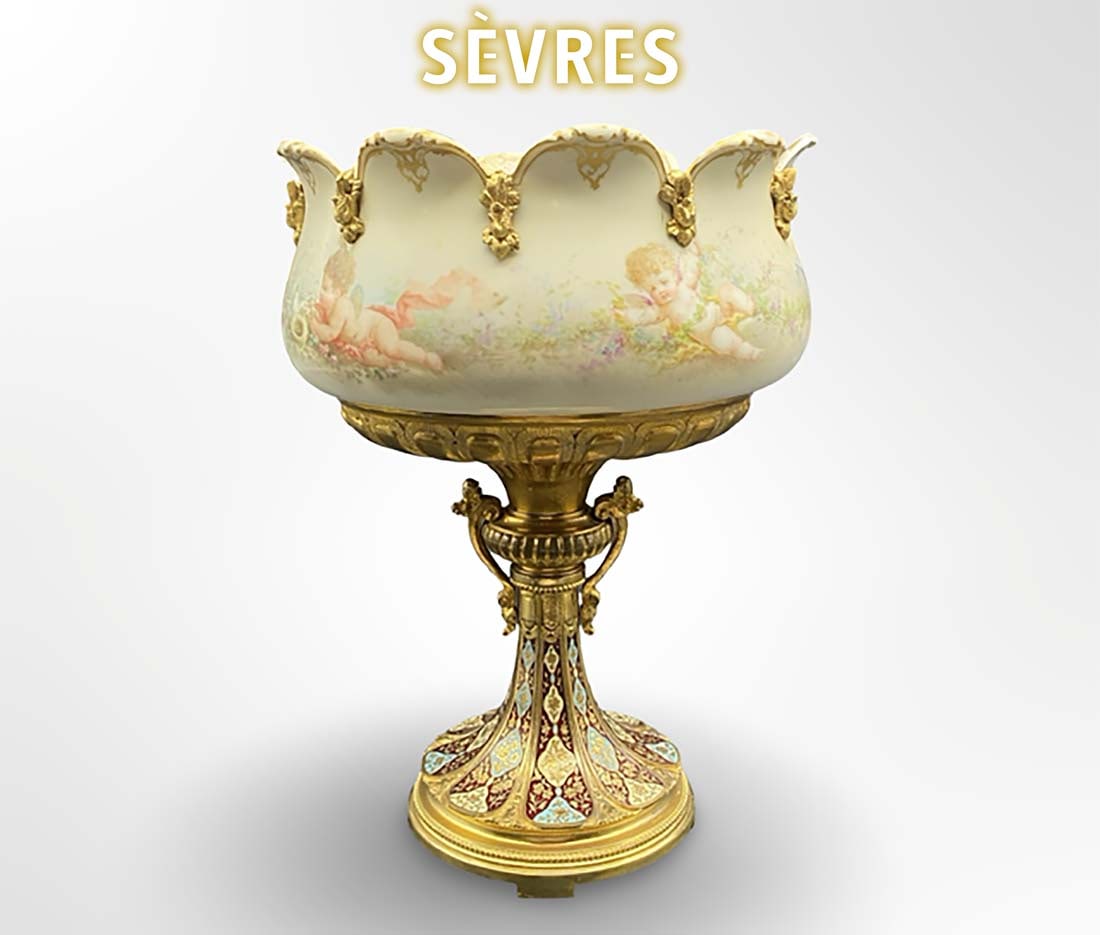 19th Century French Sevres Bronze Champleve Enamel Centerpiece: 19th Century French Sevres Bronze Champleve Enamel Centerpiece. H 11" x L 8.75"