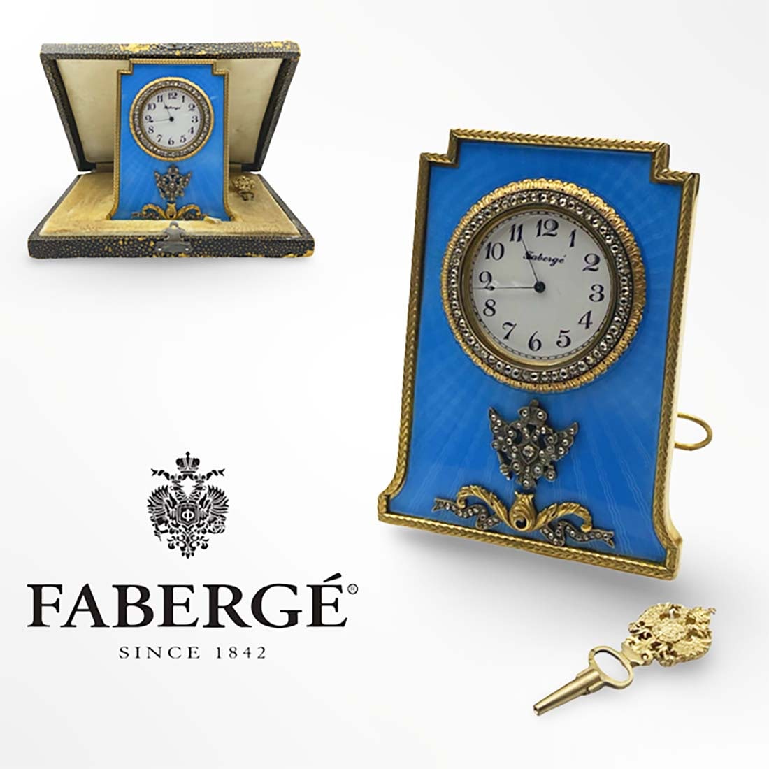 A Russian Imperial Faberge Jeweled Guilloche Enamel Silver Stand Clock, Signed: A Russian Imperial Faberge Jeweled Guilloche Enamel Silver Stand Clock in the Original Box. Signed & hallmarked. Clock: H 4.25" x L 3.25", Presentation Box: H 1" x L 6.25" x W 5.75"