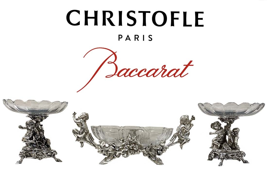 19th C. Christofle Silver-Plated Figural & Baccarat Crystal Garniture Set: 19th C. French Christofle Silver-Plated Figural & Baccarat Crystal Mounted Tazas & Centrepiece Garniture Set. 2 piece Taza: H 10" x W 10", Centerpiece: H 8.75" x L 21" x W 9.5"