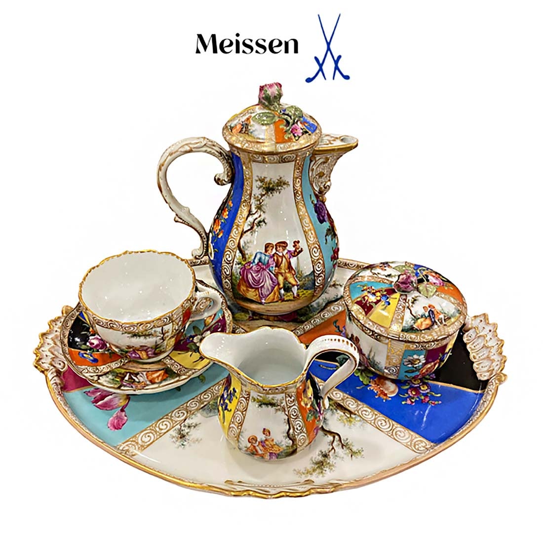 19th C. German Meissen Hand Painted Porcelain Tea Set, Hallmarked: 19th Century German Meissen Hand Painted Porcelain Tea Set, Hallmarked. Tray measurements: L 14.75" x W 10.75"