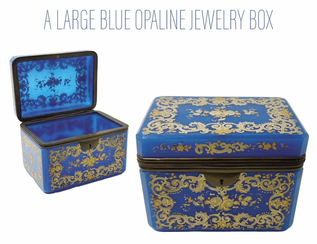 A Large Gilt Blue Opaline Trinket/Jewelry Box: A Large Gilt Blue Opaline Trinket/Jewelry Box, Signed inside. 6" x 6" x 4.75"