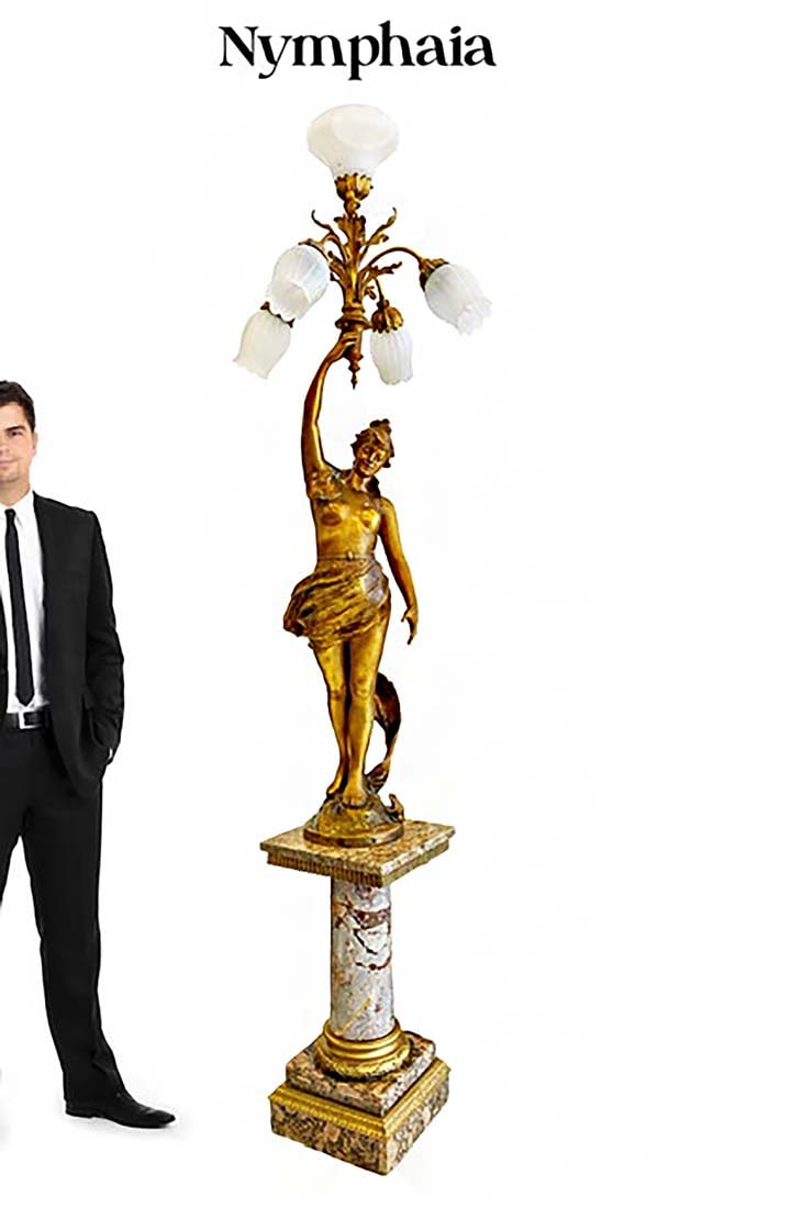 A Large Nymphaia Torchiere/Light Statue on Marble Pedestal: A Large Nymphaia Torchiere/Light Statue on Marble Pedestal. H 82" x L 23" x W 23"