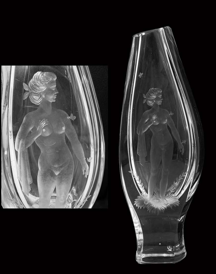 A Bohemian Frosted Nude Lady Clear Glass Crystal Heavy Vase: A Bohemian Frosted Nude Lady Clear Glass Crystal Heavy Vase. H 8.5" x 3" x 2.5"