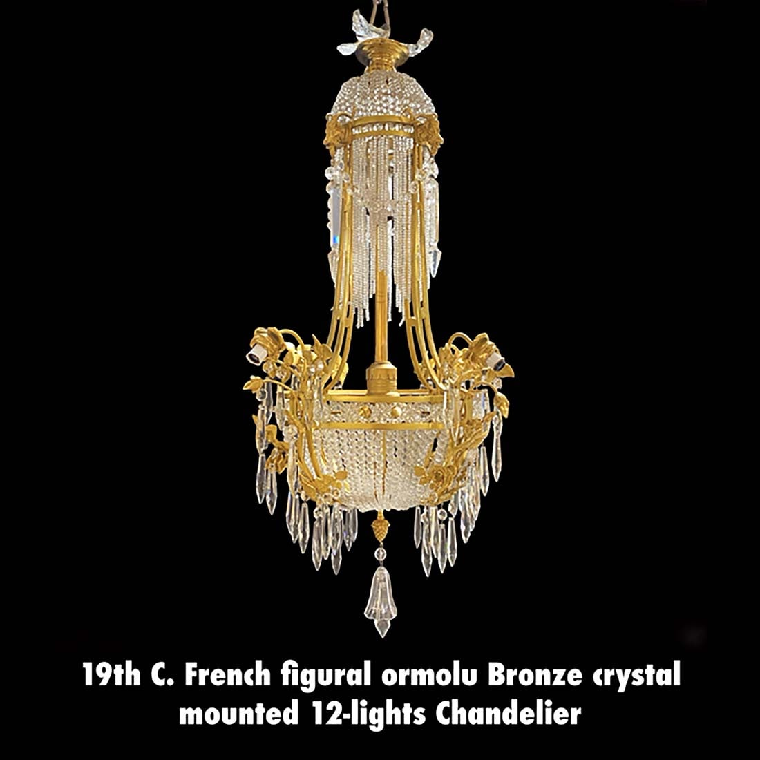 19th C. French Figural Bronze Crystal Mounted 12-lights Chandelier: 19th C. French Figural Ormolu Crystal Mounted 12-lights Chandelier. H 41" x L 21.5"