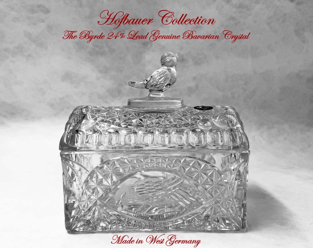 20th C. German Bavarian Hofbauer Byrde 24% Lead Heavy Crystal Trinket Box: 20th C. German Genuine Bavarian Hofbauer Collection Byrde 24% Lead Heavy Crystal Trinket Box #1396, Domed Lid With Bird On Top For Knob, Circa 1960's, Made in West Germany. The item is like New In Ori