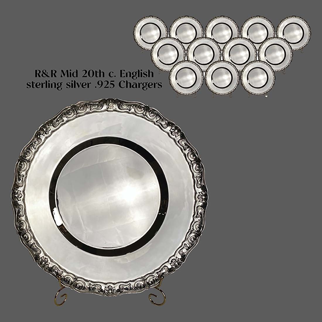 A Set of 12 Mid-20th C. English R&R Sterling Silver Chargers/Plates: A Set of 12 Mid-20th C. English R&R Sterling Silver 925 Chargers/Plates. Hallmarked. D 13.5", Total Weight: 17,760 Grams
