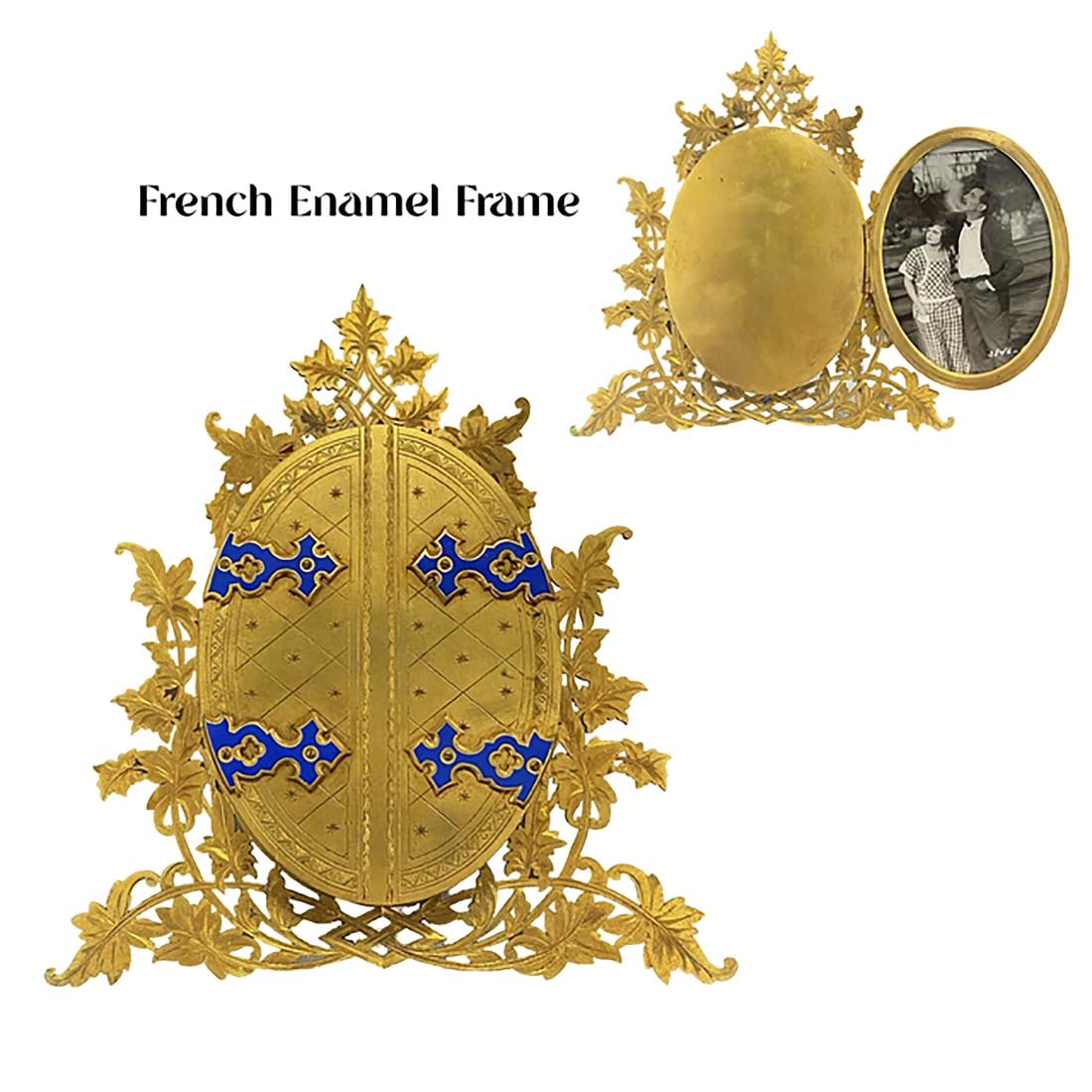 19th C. French Enamel Gilt Bronze Picture Stand Frame: 19th C. French Enamel Gilt Ormolu Picture Stand Frame. H 10.5" x L 9.2"