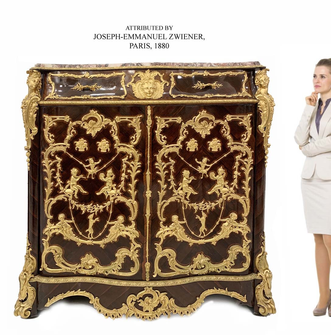 A Fine 19th Century French Gilt Bronze Mounted Kingwood Meuble De Milieu Cabinet: A Fine 19th Century French Gilt Bronze Mounted Kingwood Meuble De Milieu Cabinet Attributed by JOSEPH-EMMANUEL ZWIENER, PARIS, Circa 1880. H 61" x 63" x 19"