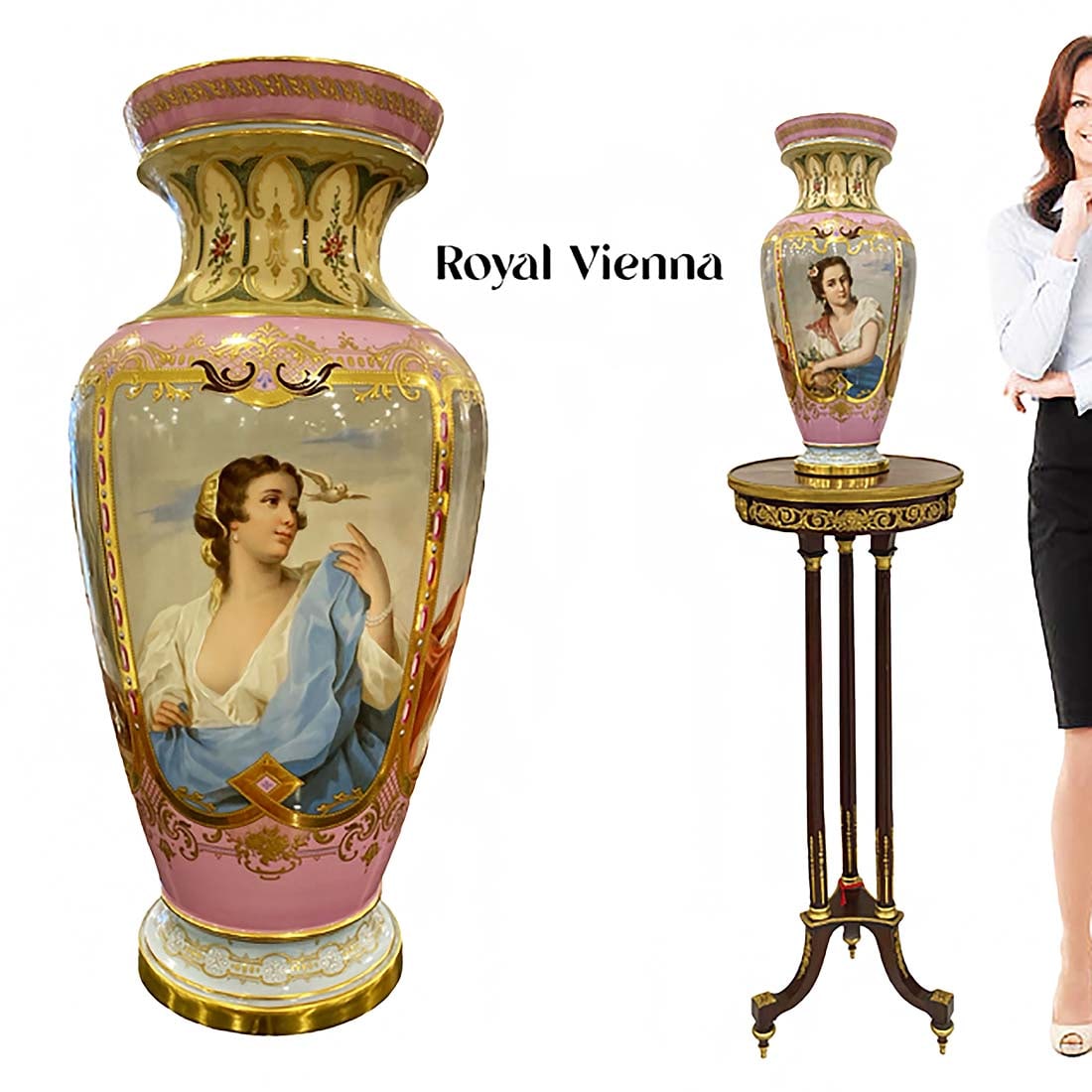 A Large 19th C. Royal Vienna Hand Painted Porcelain Vase, Signed: A Large 19th Century Austrian Royal Vienna Hand Painted Porcelain Vase with 4 Portraits signed by "H. Stadler", Hallmarked. Note: The pedestal is NOT included! H 20" x L 10"