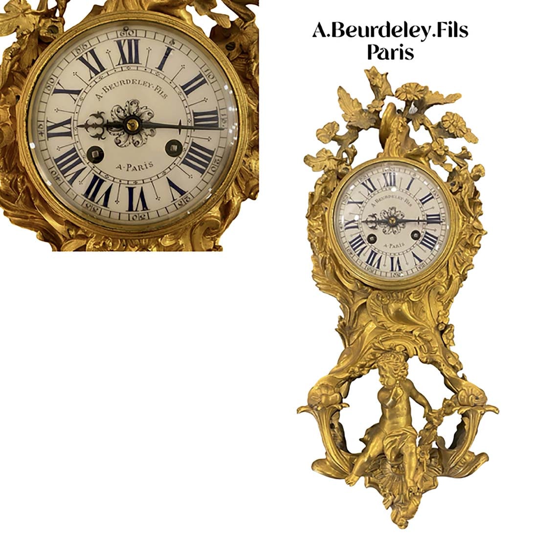 19th C. French Louis XV Figural Gilt Bronze Wall Clock, Hallmarked: 19th C. French Louis XV Figural Gilt Bronze Wall Clock, Signed by "A. Beurdeley. Fils Paris". H 21" x L 8" x W 5.75"