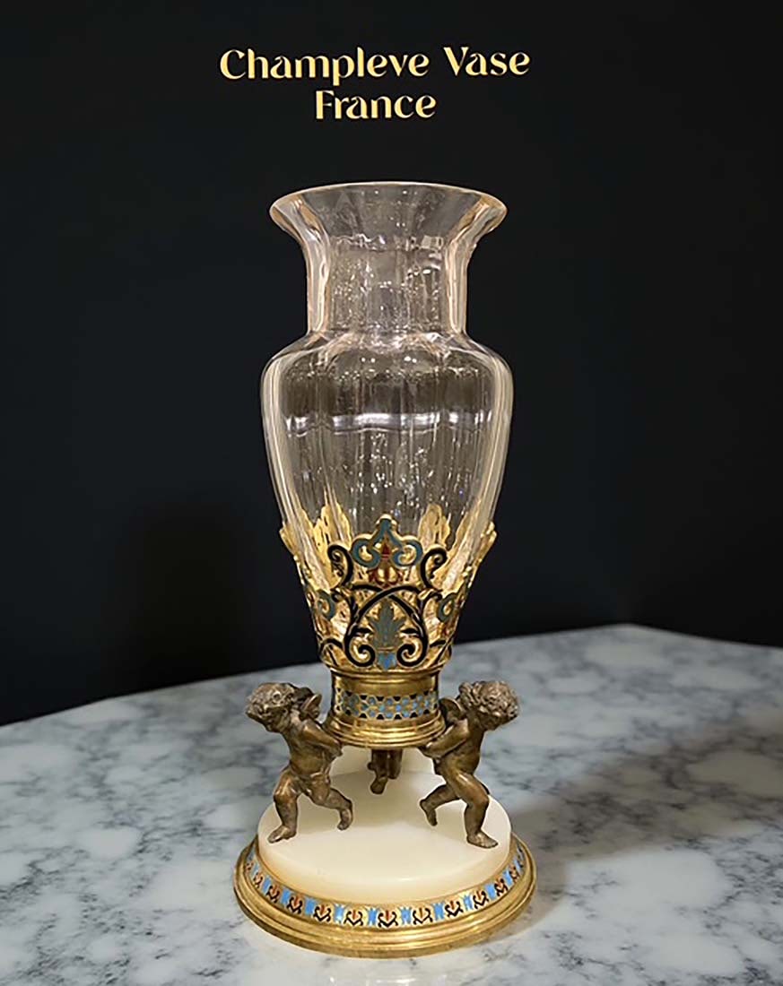 19th C. French Champleve Enamel Figural Bronze & Crystal Vase: 19th Century French Champleve Enamel Figural Bronze & Crystal Vase. H 13.5" x L 6.25"