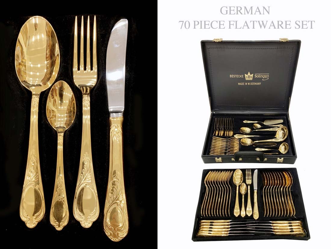 German Bestecke Solingen 24K Gold-Plated Stainless Steel Flatware Set (70 Pcs): A West German Bestecke Solingen 24K Gold-plated Stainless Steel (Vermeil) Flatware Set (70 pieces). Hallmarked. Box size: 18" x 12.5" x H 4"