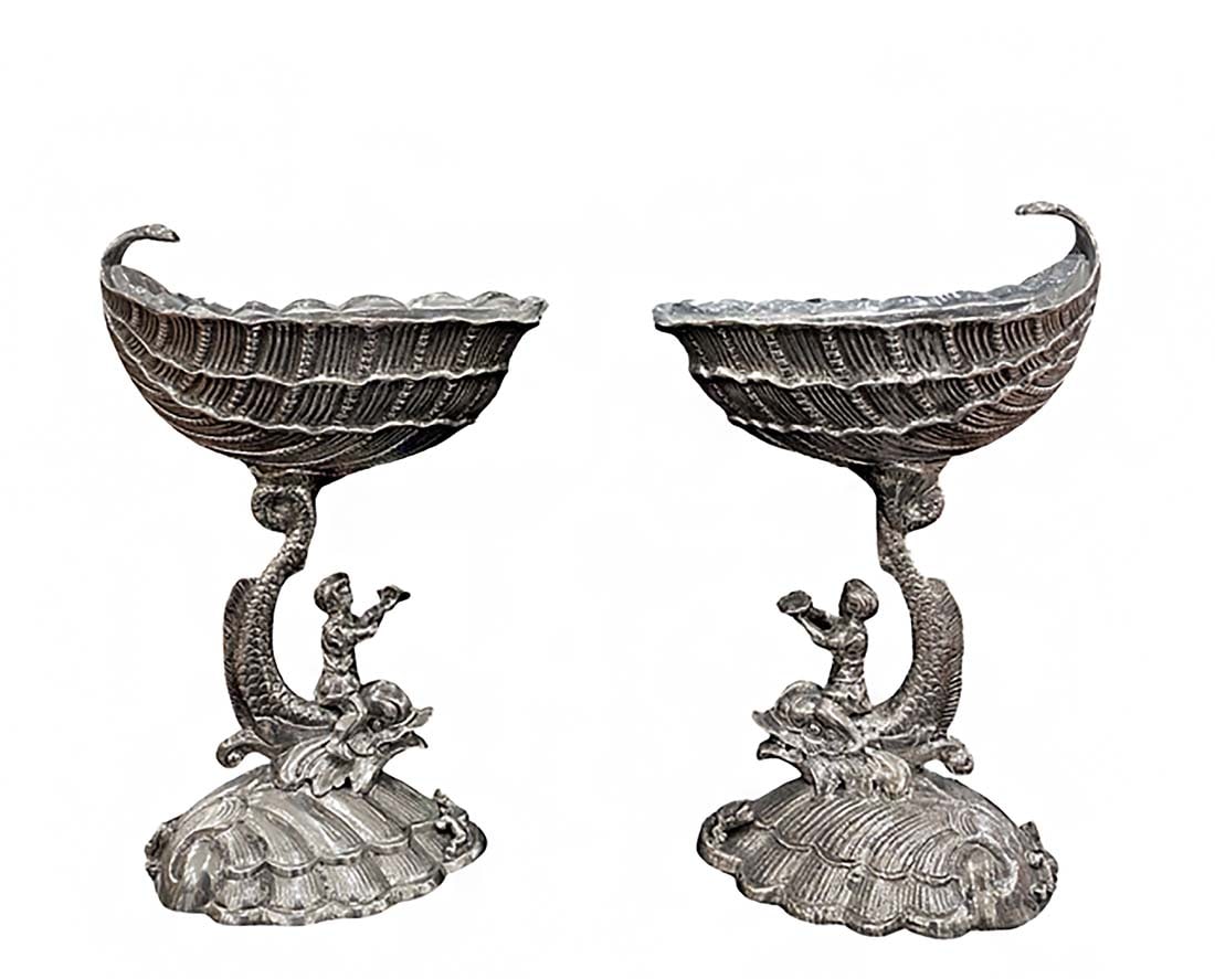 A Pair of 19th C. German Figural Silver Crystal Mounted Miniature Tazas: A Pair of 19th Century German Figural Silver Crystal Mounted Miniature Tazas/Candy Bowl, Hallmarked. H 6.25" x L 4.25" x W 3.25"