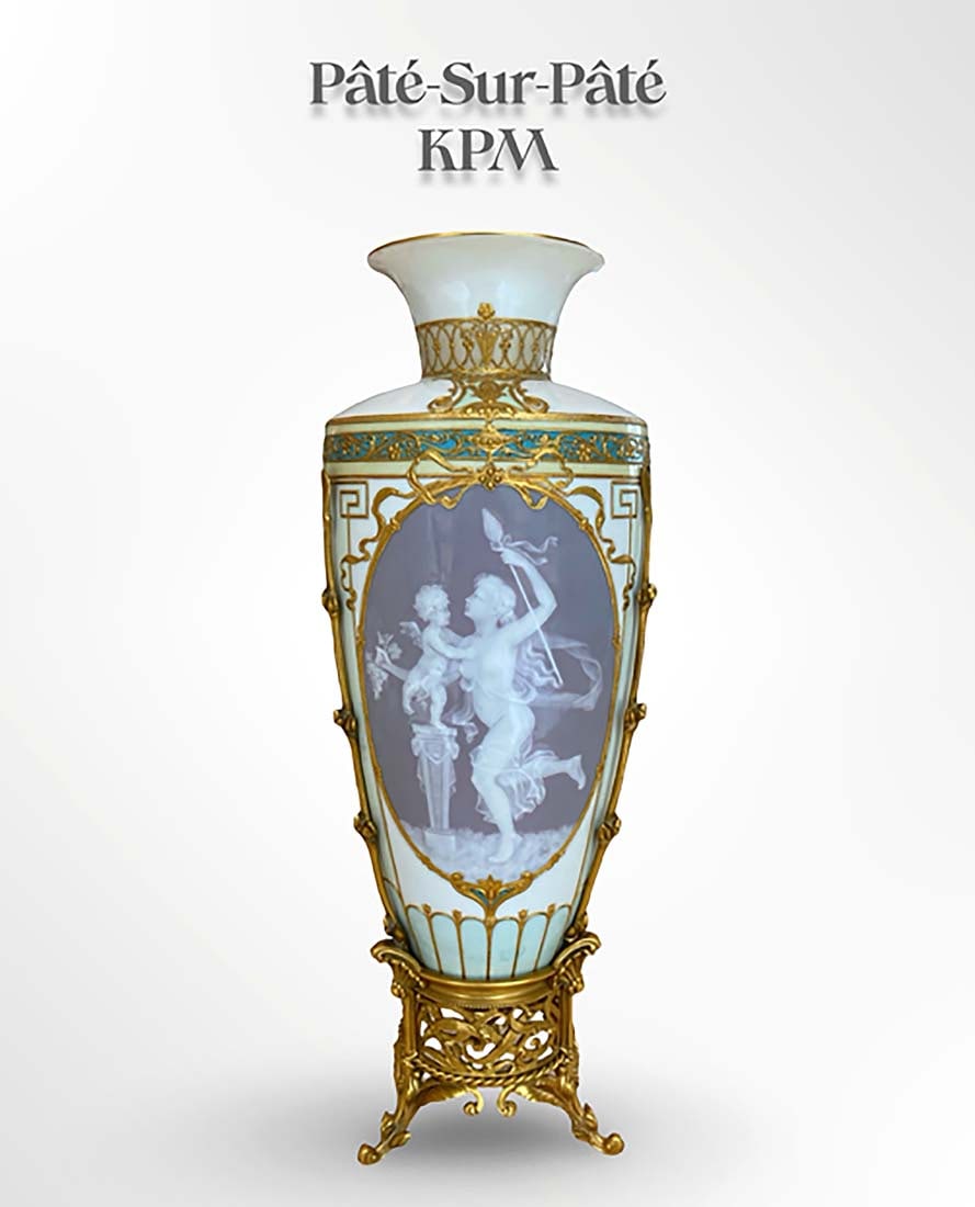 19th C. German KPM Pate-Sur-Pate Porcelain Bronze Vase, Hallmarked: 19th C. German KPM Pate-Sur-Pate Porcelain Bronze Vase, Signed. H 11.6" x W 4.25"