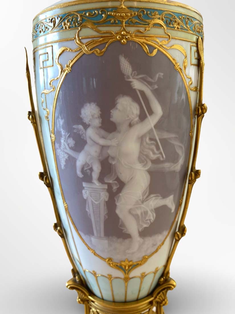 19th C. German KPM Pate-Sur-Pate Porcelain Bronze Vase, Hallmarked - 4