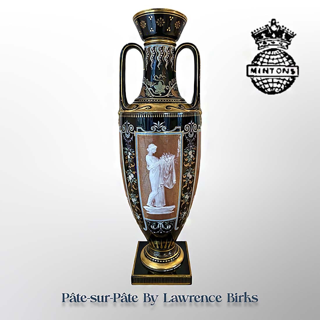 19th C. English Mintons Pate-sur-Pate Porcelain Vase, signed & Hallmarked: 19th C. English Mintons Pate-sur-Pate Porcelain Vase signed by Lawrence Birks. H 17.75" x W 5.5"