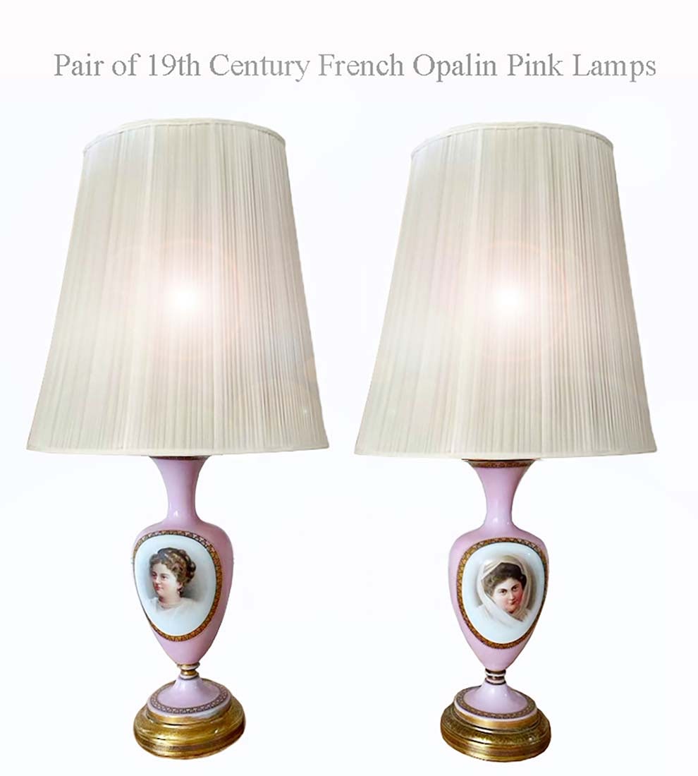 A Pair of 19th C. French Hand Painted Pink Opaline Lamps: A Pair of 19th Century French Hand Painted Pink Opaline Lamps W/ Shades. H 19" x D 6"