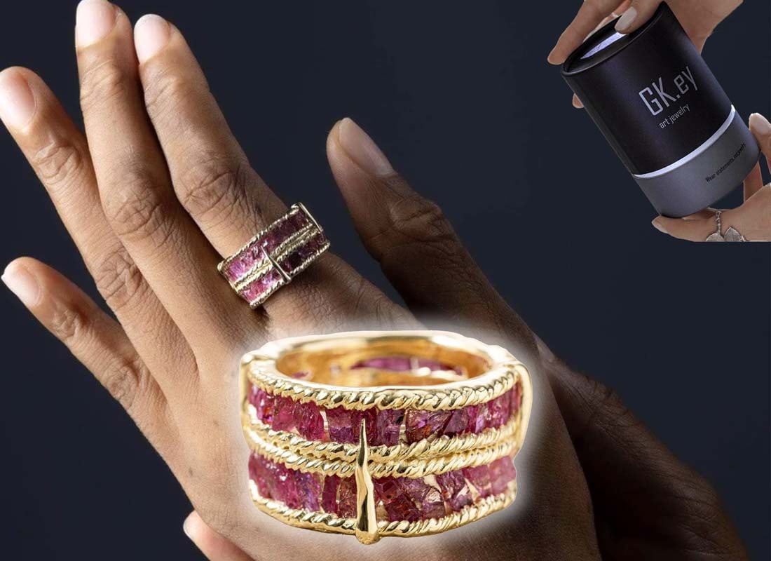 GK.ey Tartine Wide Band Gold Plated Silver & Raw Ruby Ring: GK.ey Art Jewelry Tartine Wide Band Gold Plated Silver Ring with Natural Raw Ruby. New with box. Size: 8.5
