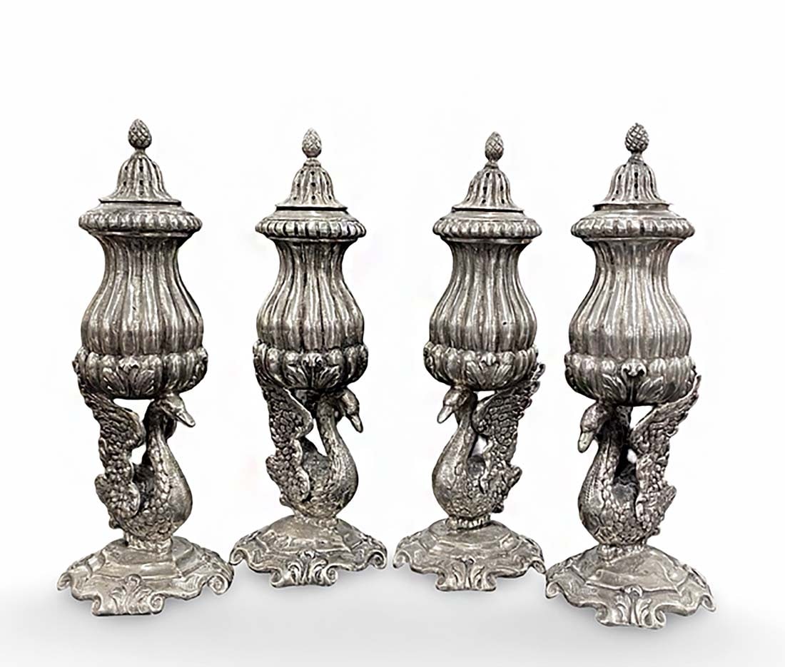 A Set of 4 German Silver Figural Salt/Pepper Shaker Swans, Signed: A Set of 4 German Silver Figural Salt/Pepper Shaker Swans, Hallmarked. H 5" x L 1.75", Total weight: 347 grams.