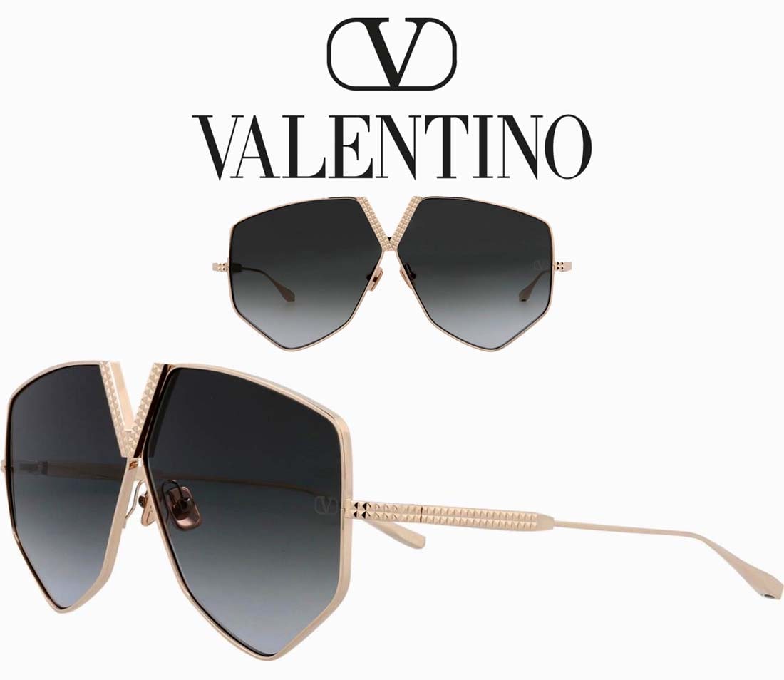 A Valentino V - Hexagon Shiny Gold/Blue Grey Shaded Sunglasses: An Italian Valentino V-Hexagon Shiny Gold/Blue Grey Shaded (GLD-BLU) Sunglasses, 64 mm, Brand New.