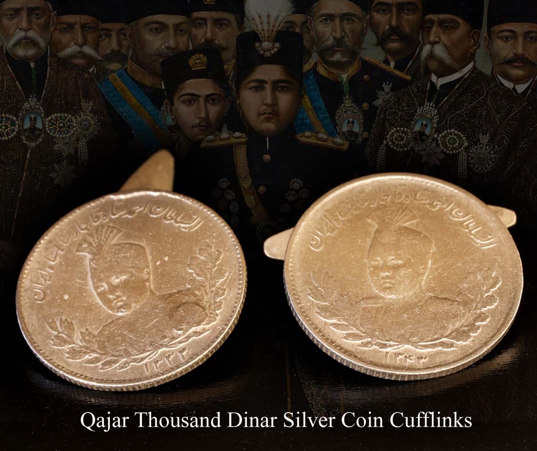 A Pair of Persian Ahmad Shah Qajar Thousand Dinar Silver Coin Cufflinks: A Pair of Iran Persian King Ahmad Shah Qajar Thousand Dinar Silver Coin Cufflinks. 14.64 Grams