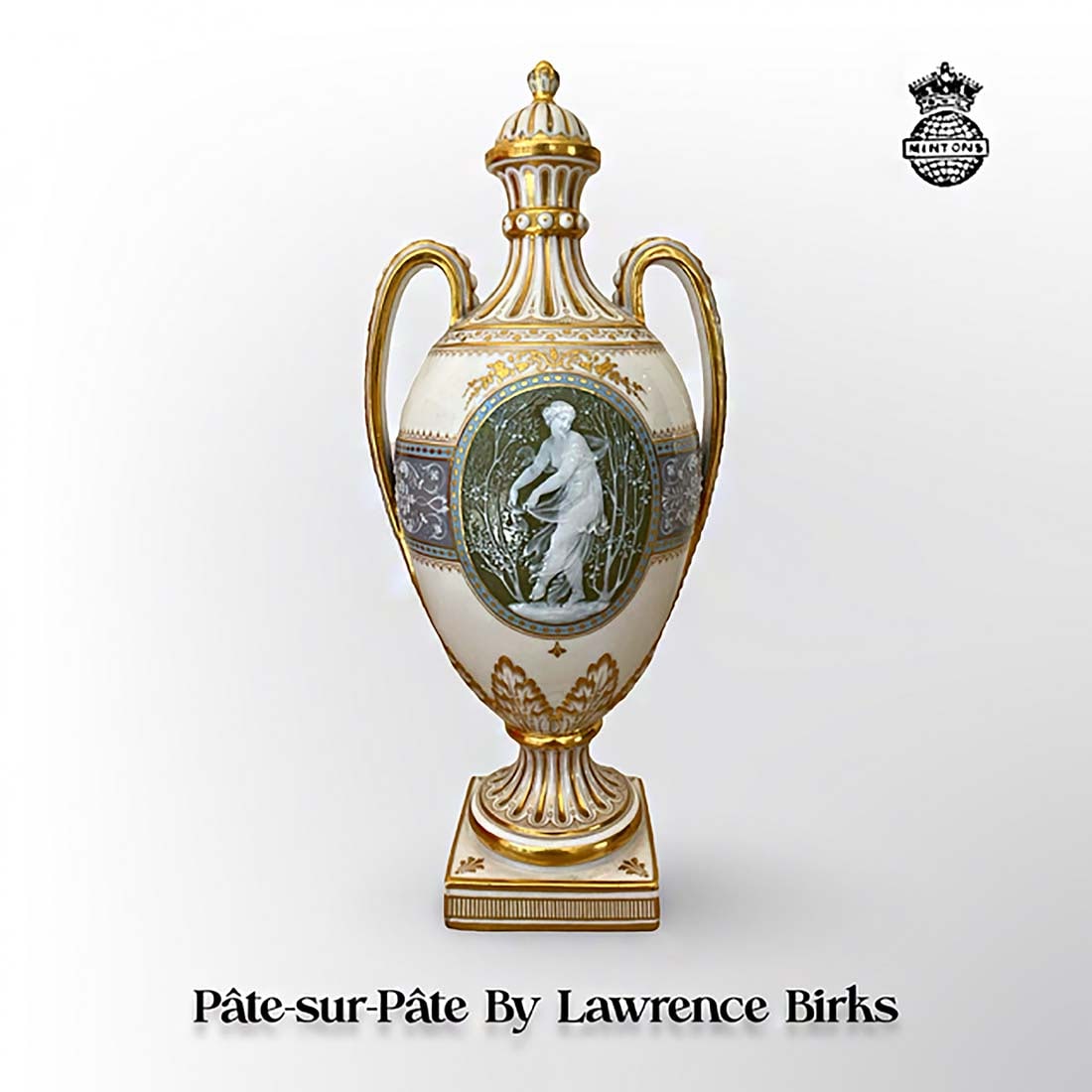 19th C. Mintons Pate-sur-Pate Lidded Urn, Signed: 19th C. English Mintons Pate-sur-Pate Porcelain Lidded Urn, Circa 1890's, Signed by Lawrence Birks. H 13.5" x W 6"