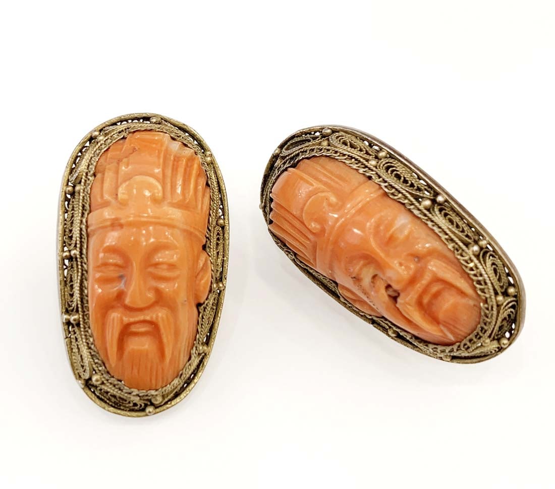 An Asian Coral Filigree Silver Figural Earrings: An Asian Coral Filigree Silver Figural Earrings. 8.2 Grams