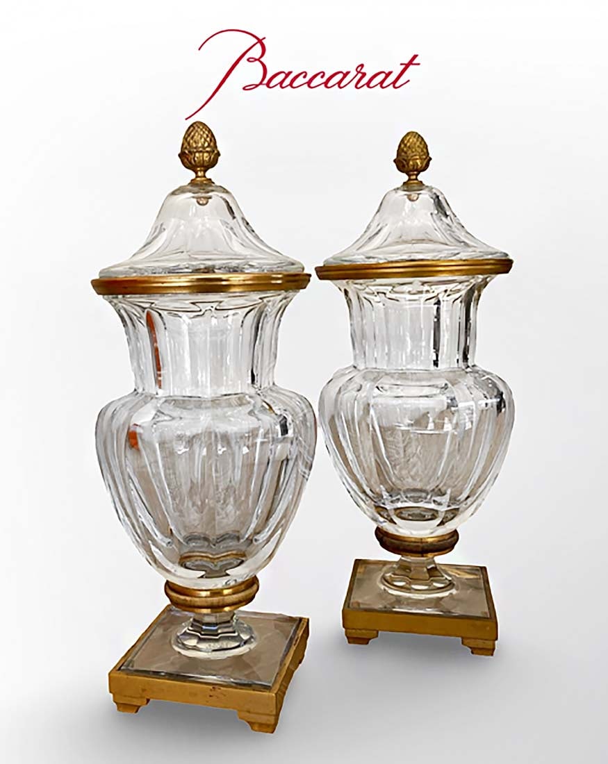 A Pair of 19th C. French Baccarat Crystal Bronze Lidded Vases: A Pair of 19th C. French Baccarat Crystal Bronze Lidded Vases. H 13" x W 5"