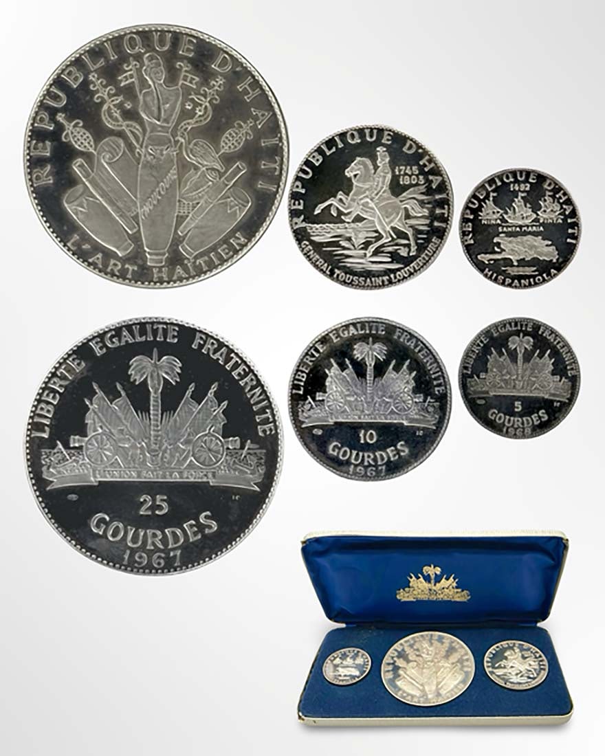 10th Anniversary of the Haitian Revolution Silver Proof Coin Set, Original Box: 10th Anniversary of the Haitian Revolution 1967 Silver Proof Coin Set in Original Case (188.17 gr), Total Silver Weight 188.17?Grams. Measurements of the Presentation Case: H 1" x L 6.4" x W 3.1". Des