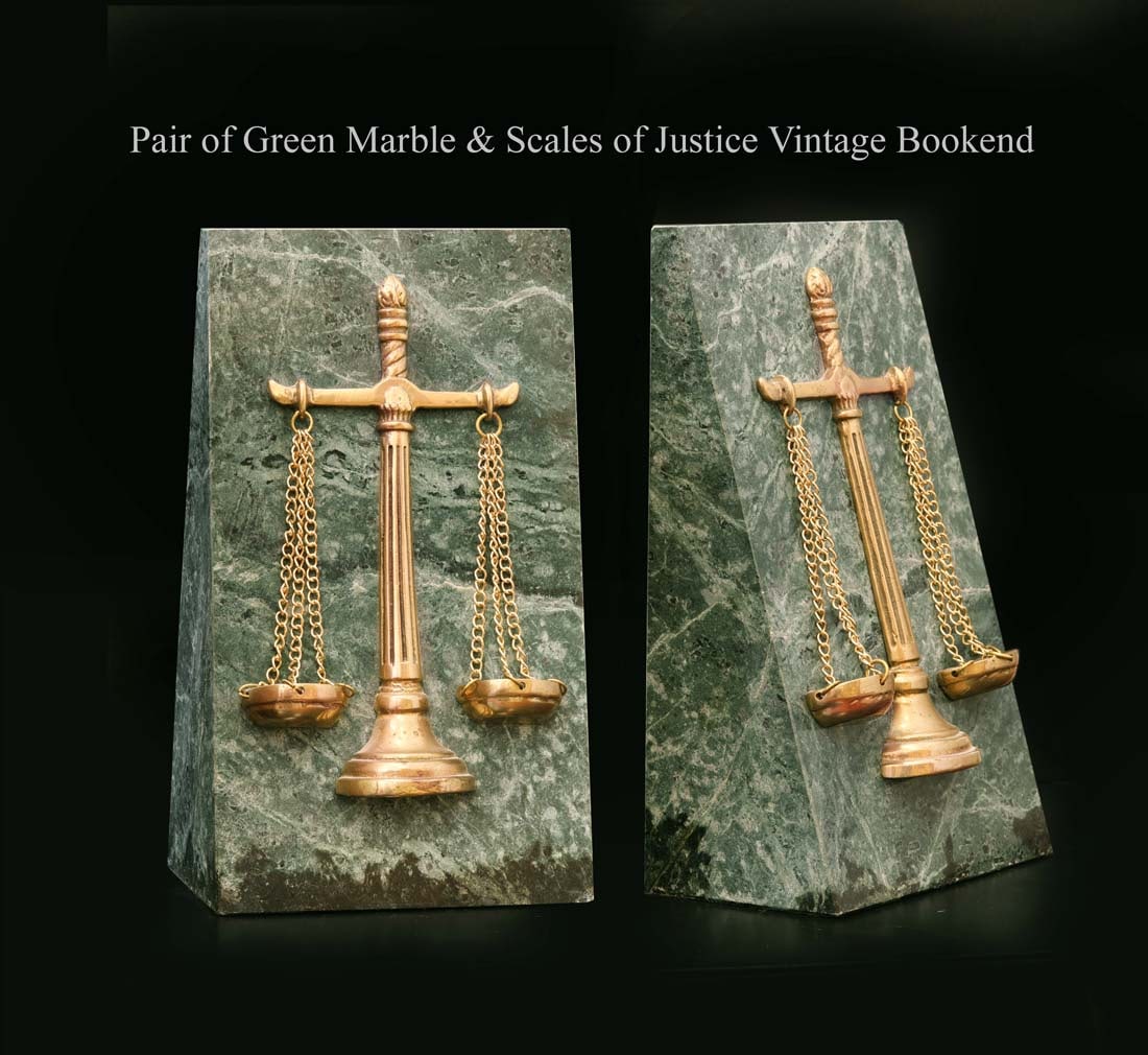 A Pair of Vintage Scales of Justice Green Marble bookend: A Pair of Vintage Scales of Justice Green Marble bookend. H 8" x W 4.5"