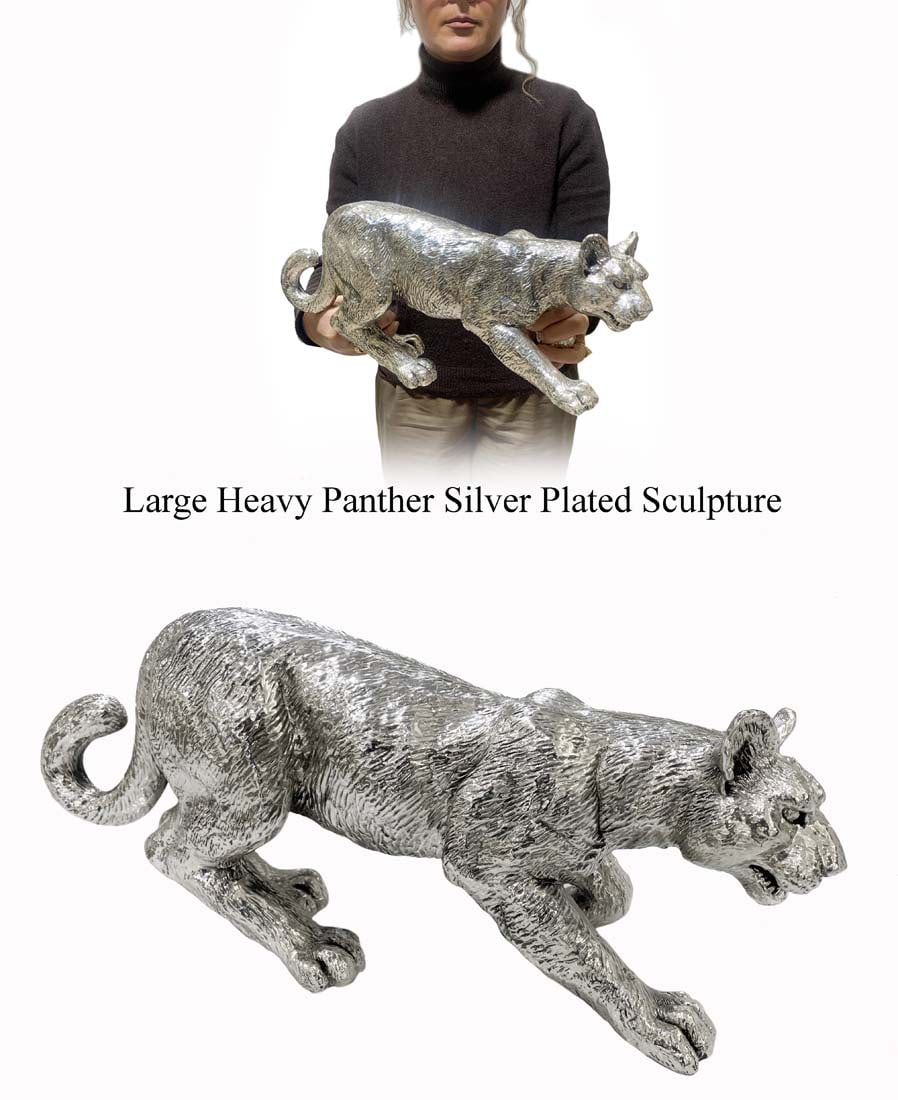 A Large Heavy Solid Silver-Plated Panther Sculpture: A Large Heavy Solid Silver-Plated Panther Sculpture. W 18" x H 8"