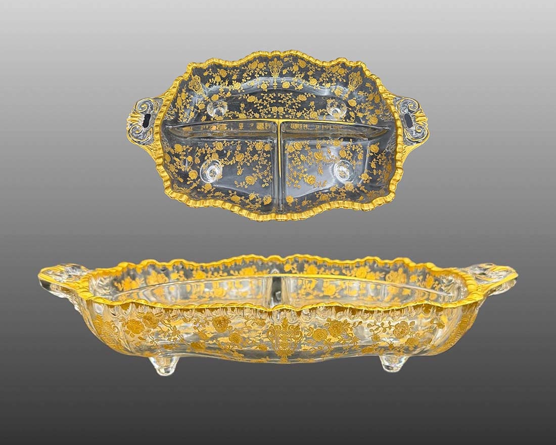 A Cambridge Wildflower Gold Encrusted Crystal Candy Bowl: A Cambridge Chantilly Gold Encrusted Crystal Candy Bowl. L 12" x W 7.5"