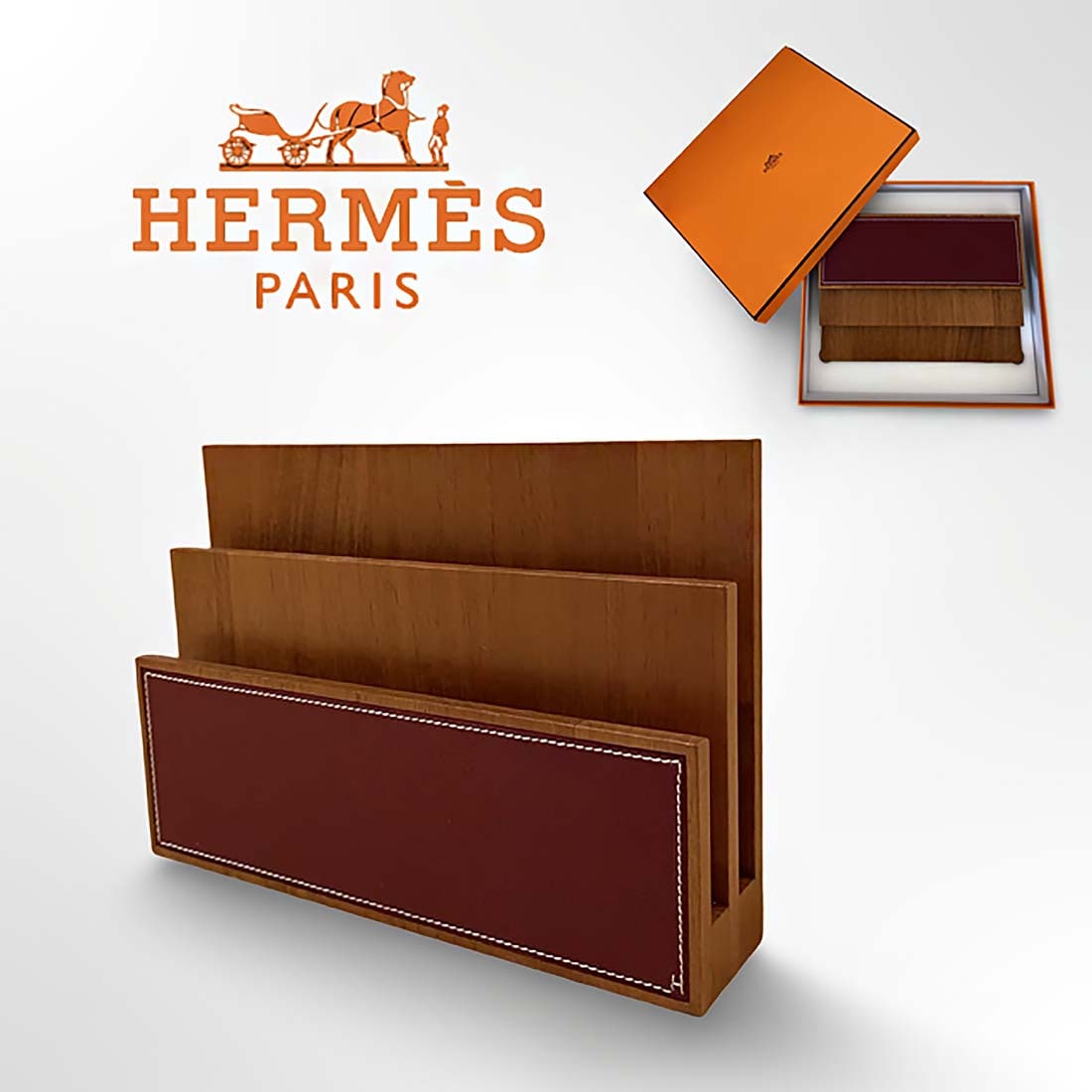 A Hermes Natural Mahogany Saddle-Stitched Leather Mail Sorter Box: A French Hermes Mail Sorter Box in Solid Natural Mahogany and Smooth Saddle-Stitched Leather in original box. H 6.25" x L 9" x D 2"