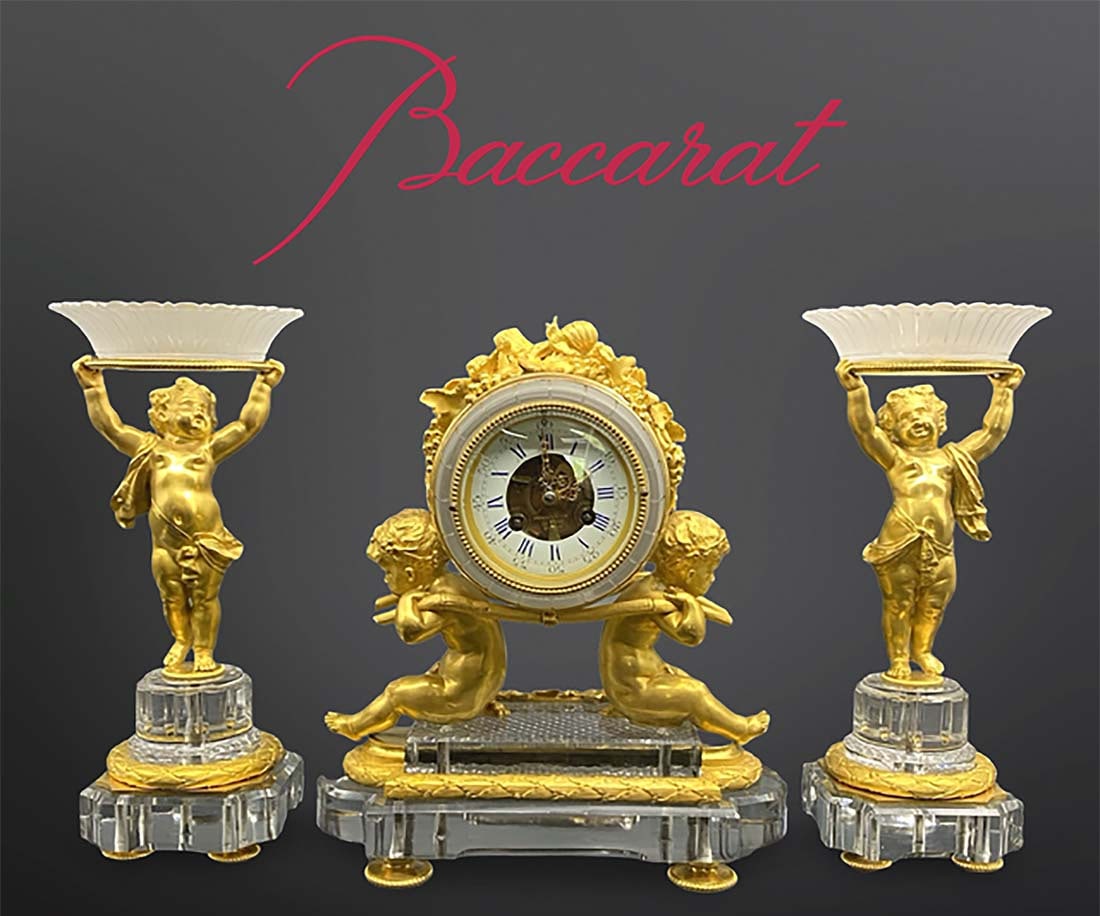 19th C. French Baccarat Crystal Bronze Figural Clock Set: 19th C. French Baccarat Crystal Bronze Figural Clock Set. Clock: H 11.75" x L 10" x W 4", Surtout de Table: H 10.75" x D 5"