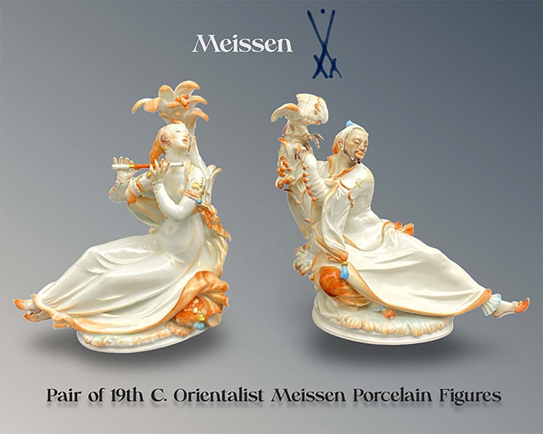 A Pair of 19th C. Meissen Orientalist Hand Painted Porcelain Figures, Signed: A Pair of 19th C. German Meissen Hand Painted Porcelain Orientalist Figures, Signed & Hallmarked. Statues sizes: H 8.15" x L 7.75" x W 4.75" & H 8.6" x L 7.25" x W 4.4"