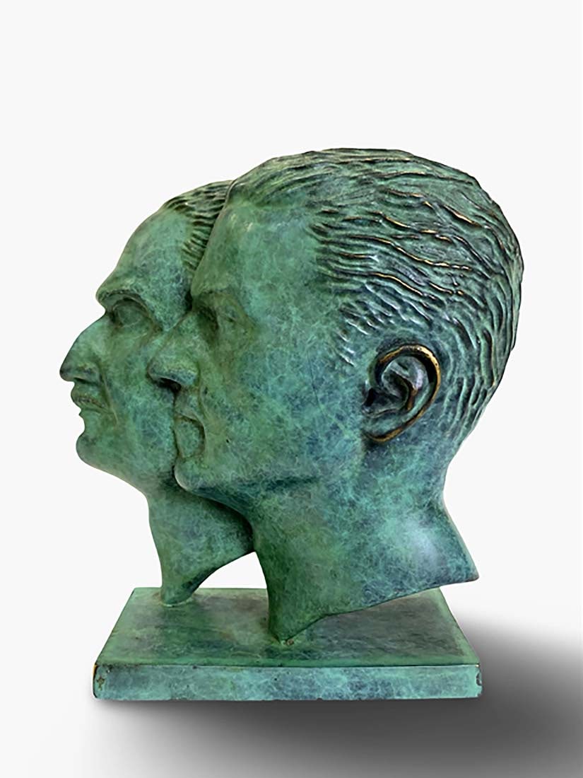 A Bronze Profile of The Faces of Persian Pahlavi Kings Bookcase Sculpture: A Bronze Profile of The Faces of Reza & Mohammad Reza Shah Pahlavi, Iranian Pahlavi Kings, Bookcase Sculpture. H 8" x L 7.75" x W 3"