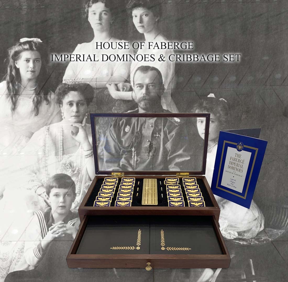 A House of Faberge The Imperial Dominoes Game Set: A House of Faberge The Imperial Dominoes Game Set with 24 Carat gold with blue enamel, Limited Edition, With Certificate of Authenticity. H 2.5" x 15" x 8"